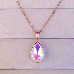 White Aurora Borealis + Rose Gold Pear Crystal Drop Pendant Necklace